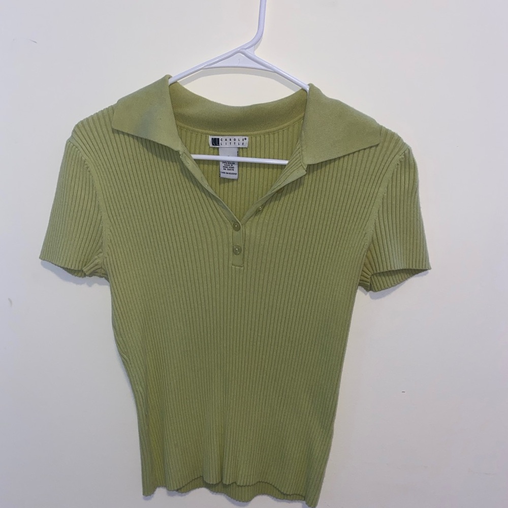 Green Ribbed Polo Collar Top